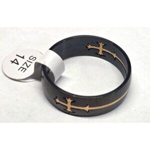 New Black Stainless Steel Ring Gold Tone Cross Inlay Size 14.5 Unisex Band Chris